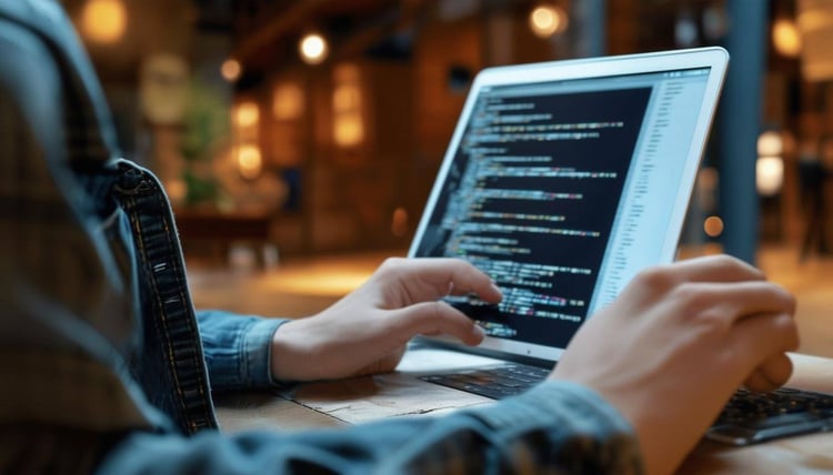 This image shows someone sitting at a computer with some information on the screen.