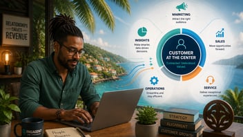 Black Caribbean business professional working on CRM strategy from a tropical office overlooking the coast, with customer relationship management illustrations showing marketing, sales, operations, insights, and service connected around the customer journey.