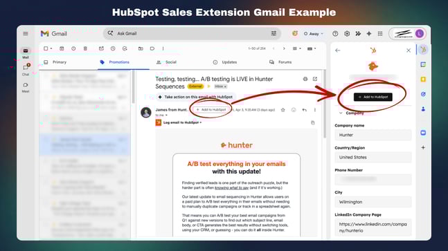 Gmail inbox showing the HubSpot Sales Chrome extension sidebar open alongside an email, with the "Add to HubSpot" button highlighted to demonstrate how a contact can be created directly from an email without leaving the inbox.