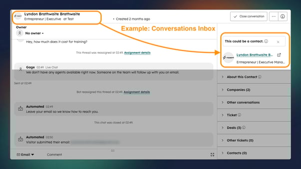 HubSpot Conversations Inbox showing a live chat enquiry where HubSpot has detected a potential contact and prompted the user to create a record, with the "This could be a contact" panel visible on the right side of the screen.
