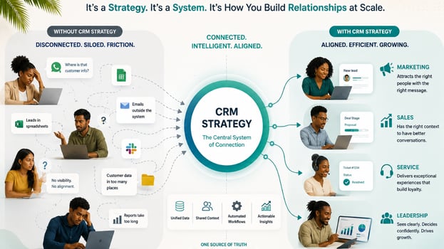 CRM strategy infographic showing disconnected customer data evolving into aligned teams, automation, and customer-focused business growth with diverse Caribbean professionals.