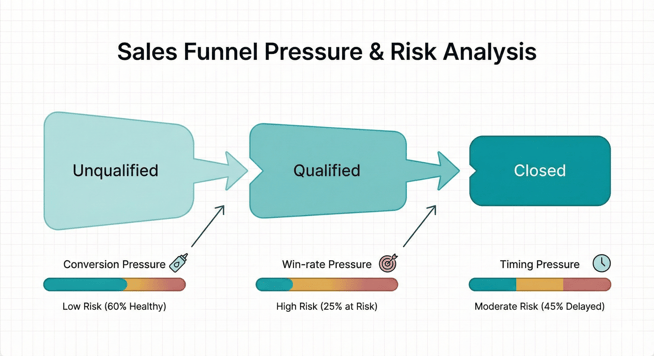 Sales system performance indicators showing how high lead volume and low conversion rates create bottlenecks without rep effort issues