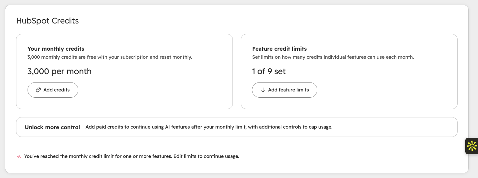 HubSpot credits settings page showing 3,000 monthly credits and a limit set on one of nine features.