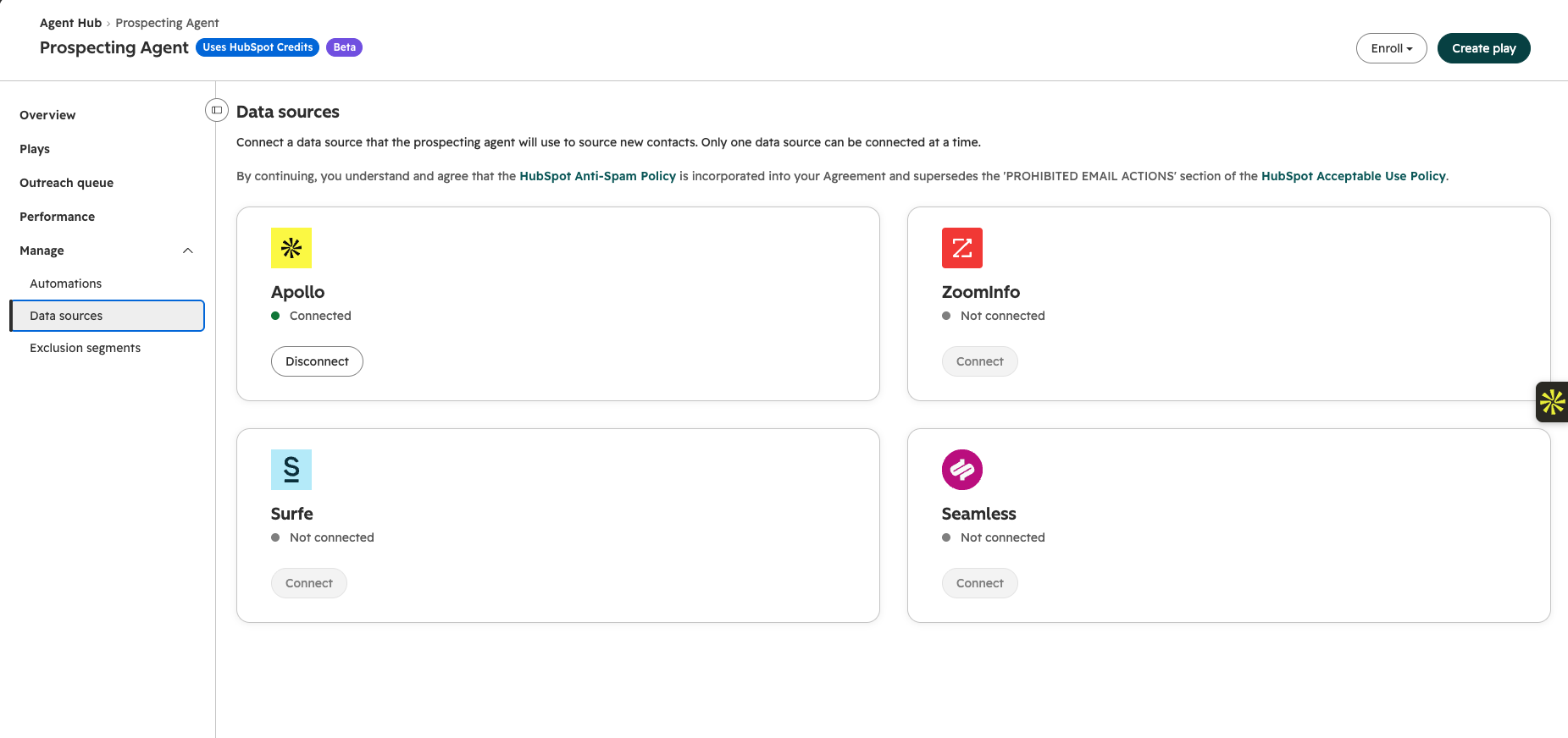 HubSpot Prospecting Agent data sources page with Apollo connected and ZoomInfo, Surfe and Seamless available, one active at a time.