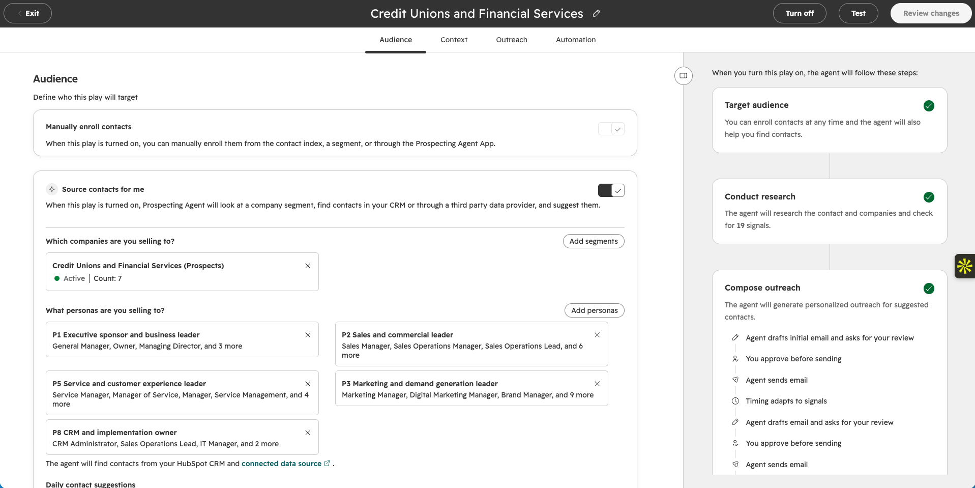 HubSpot Prospecting Agent play Audience tab showing the company segment, target personas and a daily suggestion limit.
