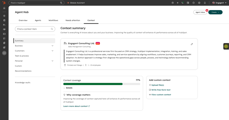 The context framework inside HubSpots Agent Hub. | Engagent