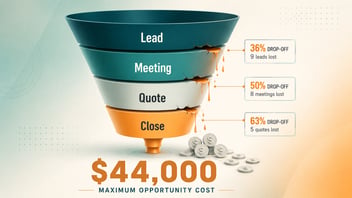 Sales funnel infographic showing lead leakage and a $44,000 opportunity cost from conversion drop-offs.