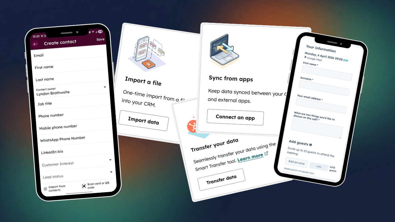 HubSpot contact creation methods including mobile app entry, data import, and CRM sync options