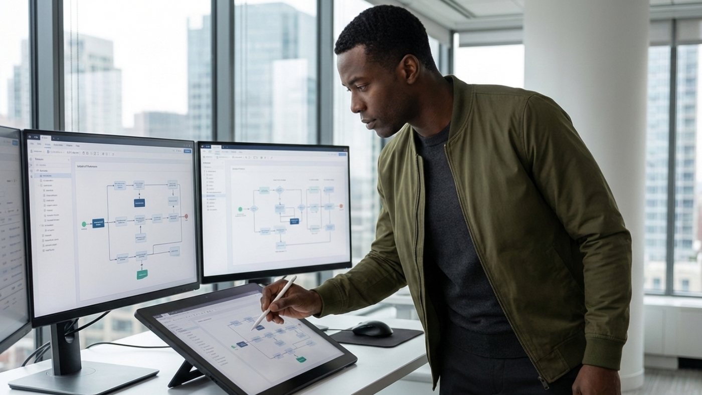 black guy in casual busiess wear looking at multiples screens at a deck } Engagent